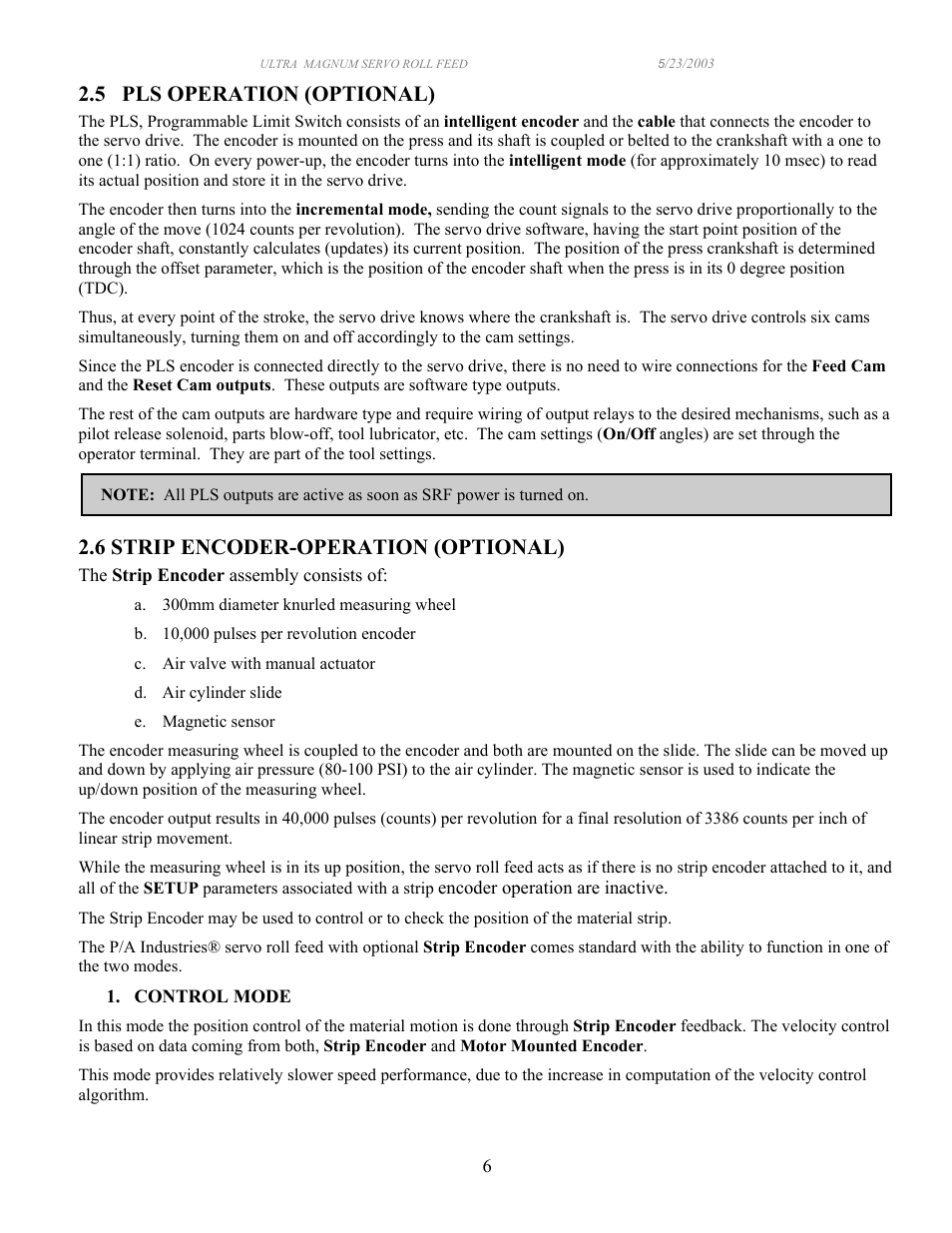 5 pls operation (optional), 6 strip encoder-operation (optional) | PA Industries Magnum Servo Roll Feed SRF-M12/18/24/32/36/48 - Operation Manual User Manual | Page 6 / 34