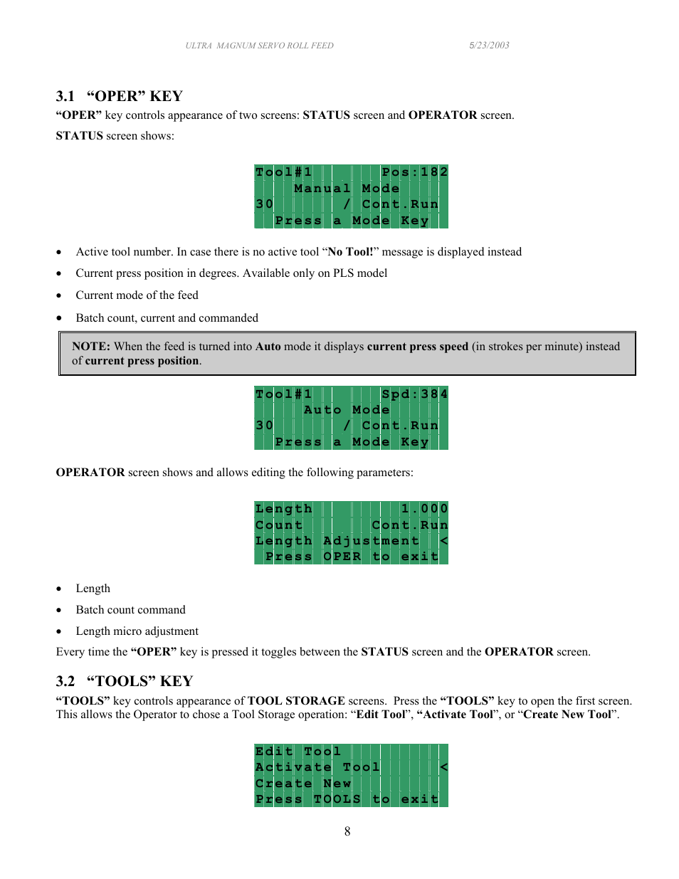 1 “oper” key, 2 “tools” key | PA Industries Magnum Servo Roll Feed SRF-M12/18/24/32/36/48 - Operation Manual User Manual | Page 8 / 34