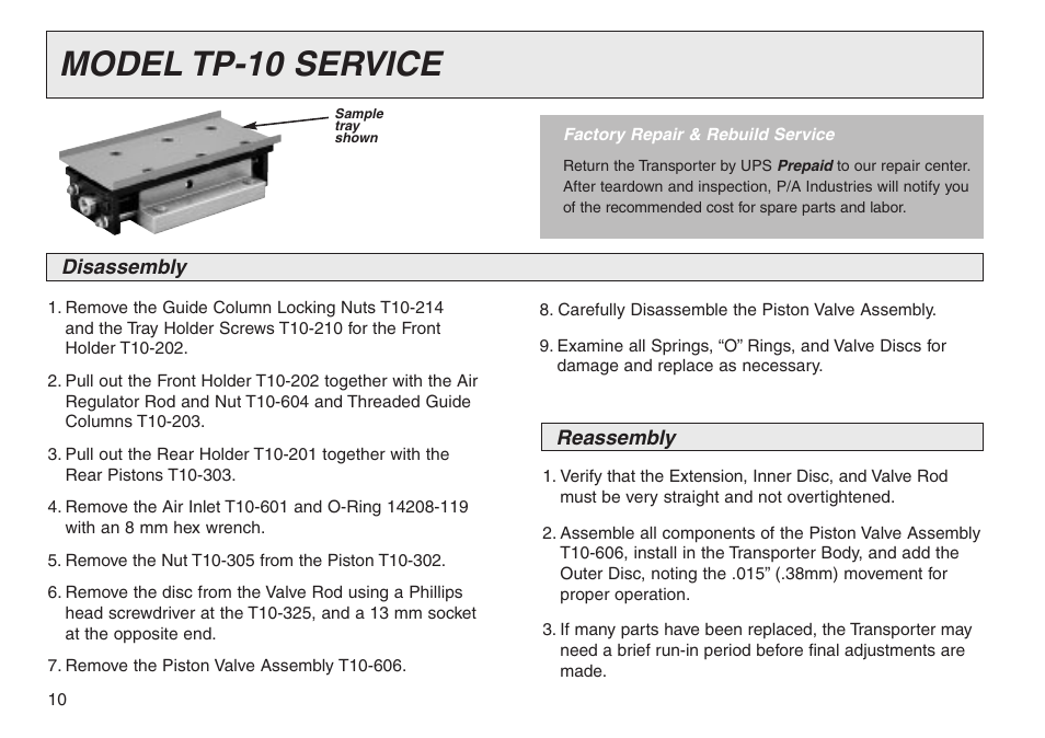 Model tp-10 service | PA Industries Transporter User Manual | Page 10 / 28