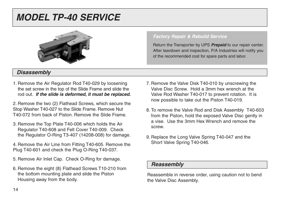 Model tp-40 service | PA Industries Transporter User Manual | Page 14 / 28