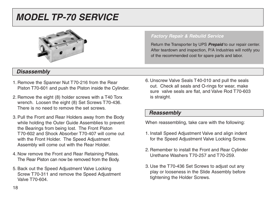 Model tp-70 service | PA Industries Transporter User Manual | Page 18 / 28