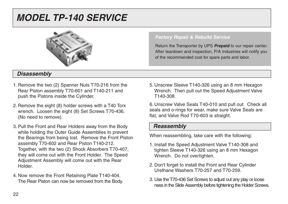 Model tp-140 service | PA Industries Transporter User Manual | Page 22 / 28