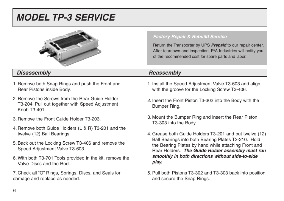 Model tp-3 service | PA Industries Transporter User Manual | Page 6 / 28