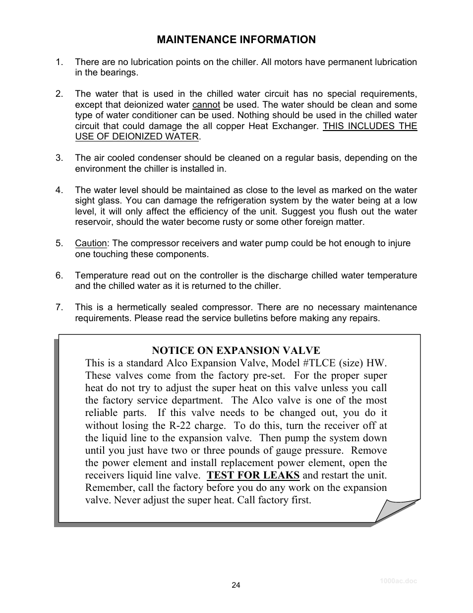 Maintenance information | Schreiber Chillers 1000AC User Manual | Page 25 / 30