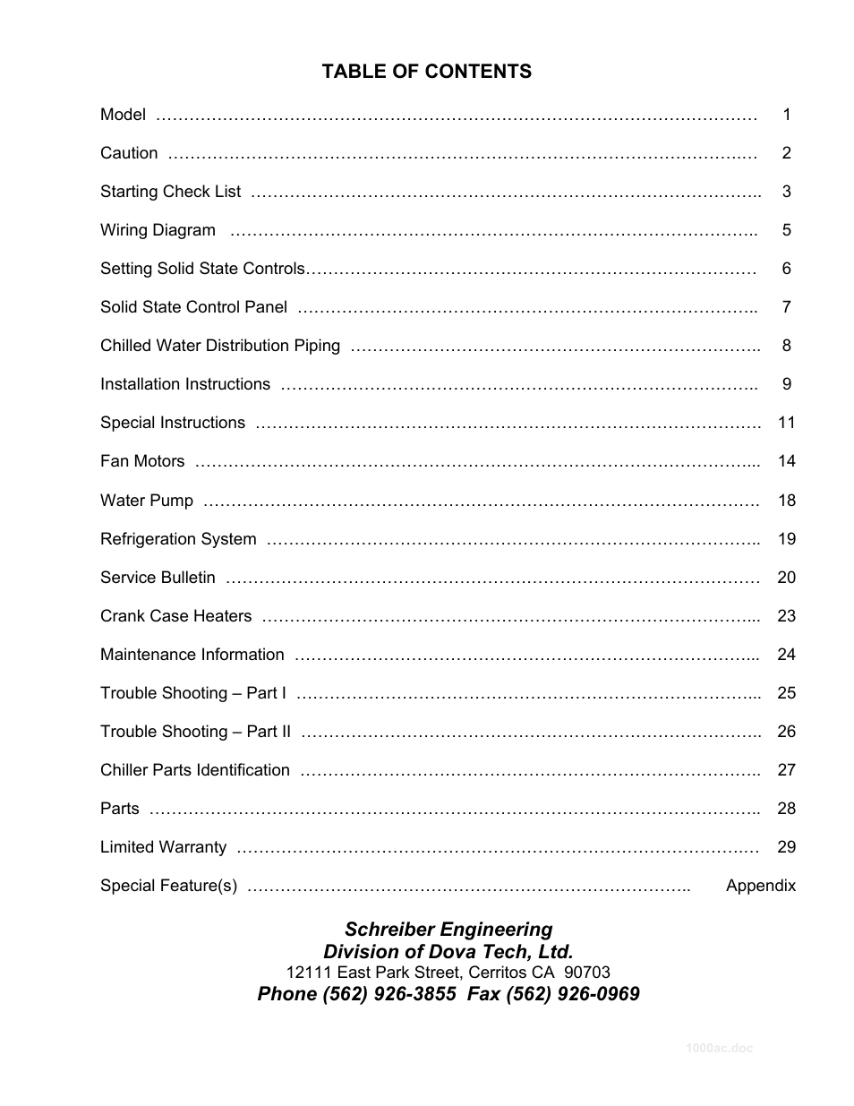 Schreiber Chillers 1000ACsf User Manual | 30 pages