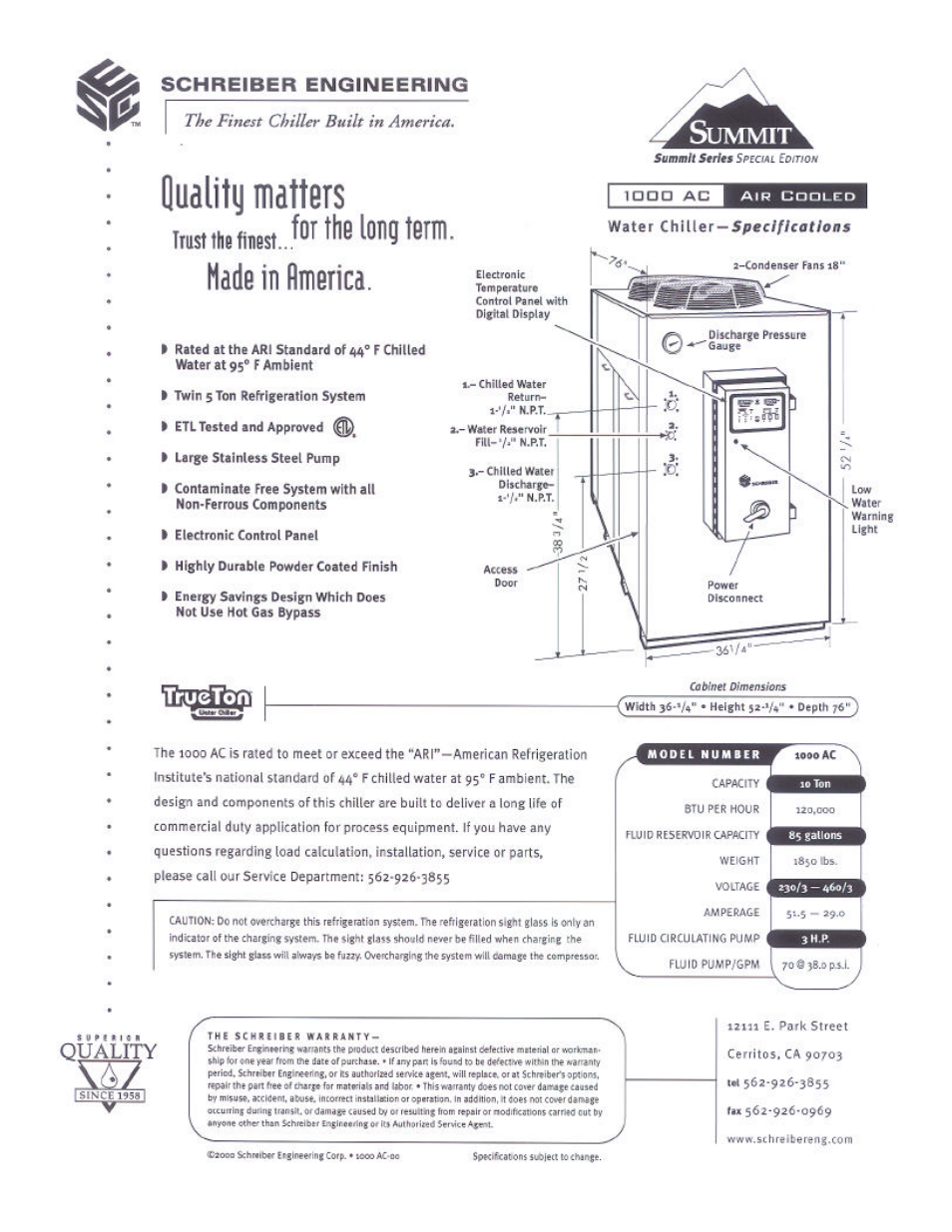 Schreiber Chillers 1000ACsf User Manual | Page 2 / 30