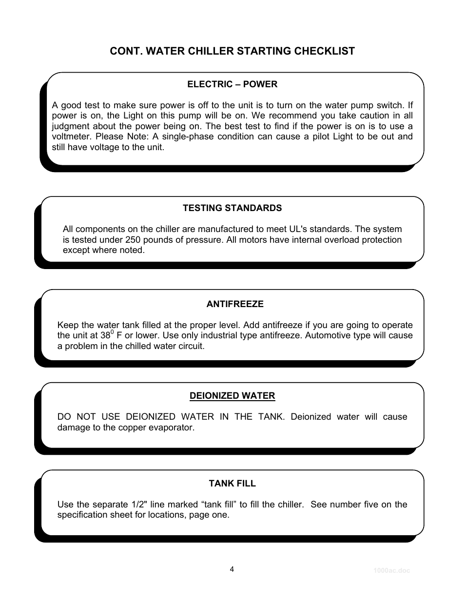 Cont. water chiller starting checklist, Chilled water distribution piping | Schreiber Chillers 1000ACsf User Manual | Page 5 / 30