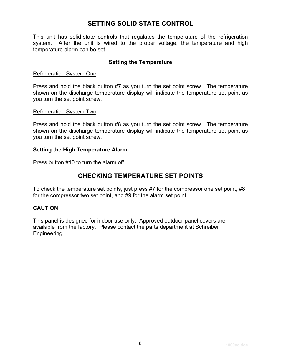 Setting solid state control, Setting the temperature, Refrigeration system one | Refrigeration system two, Checking temperature set points | Schreiber Chillers 1000ACsf User Manual | Page 7 / 30
