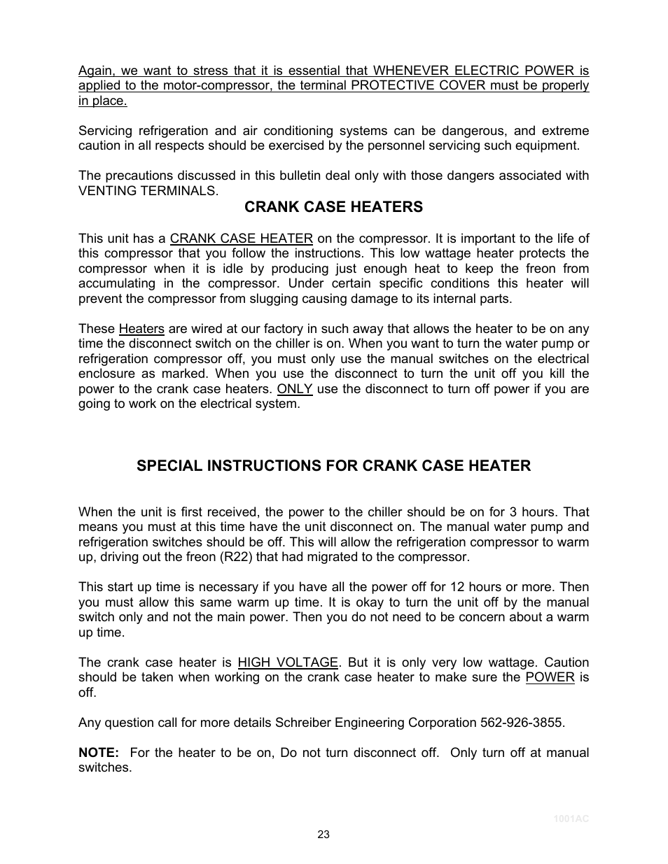 Crank case heaters | Schreiber Chillers 1001ACsf User Manual | Page 20 / 26