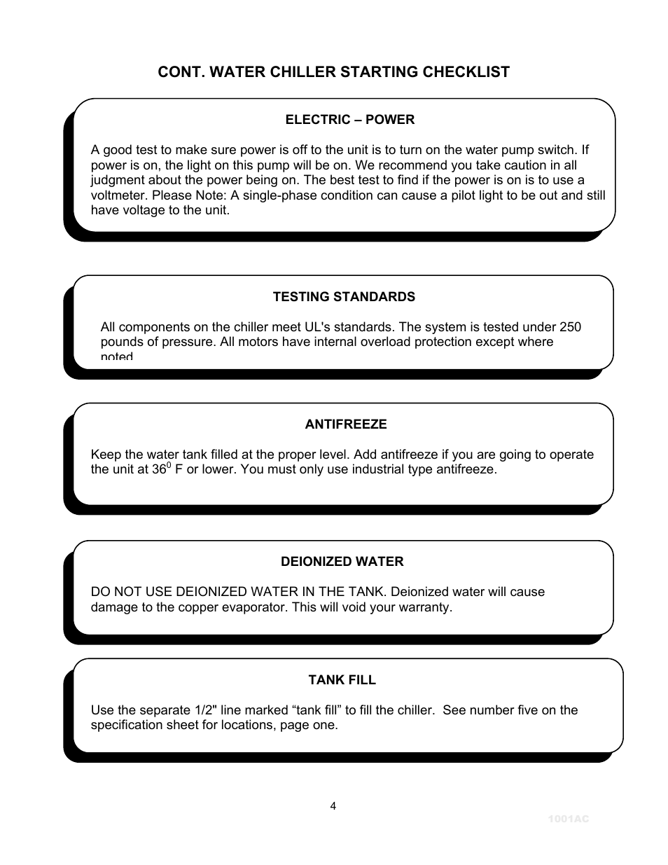 Cont. water chiller starting checklist | Schreiber Chillers 1001ACsf User Manual | Page 3 / 26