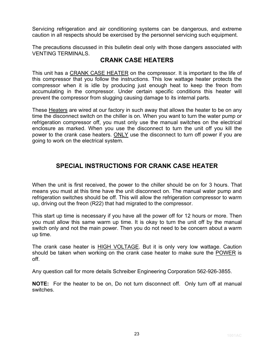 Crank case heaters | Schreiber Chillers 1250ACsf User Manual | Page 24 / 30