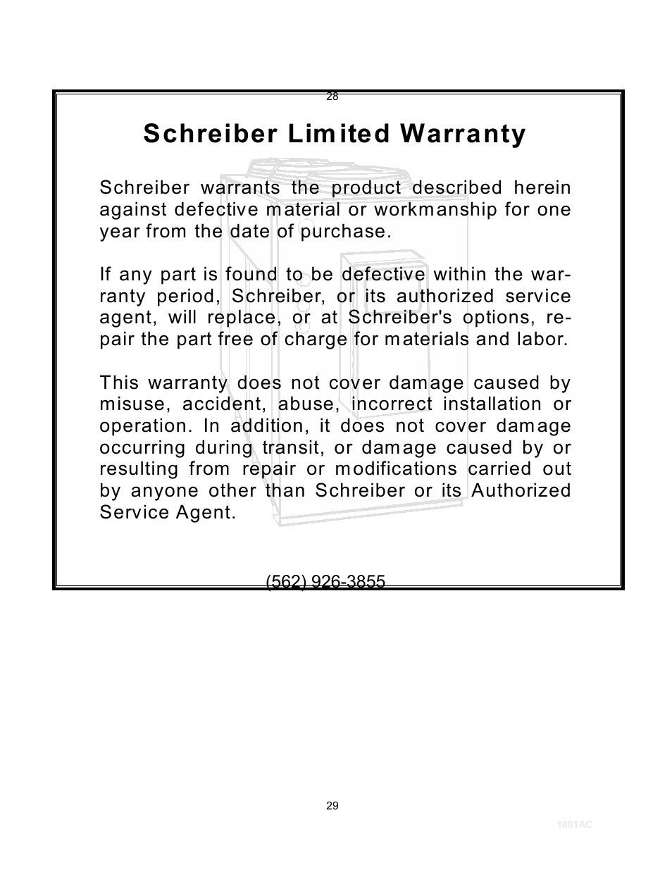 Schreiber lim ited warranty | Schreiber Chillers 1250ACsf User Manual | Page 30 / 30