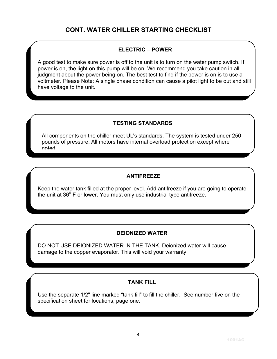 Cont. water chiller starting checklist | Schreiber Chillers 1250ACsf User Manual | Page 5 / 30