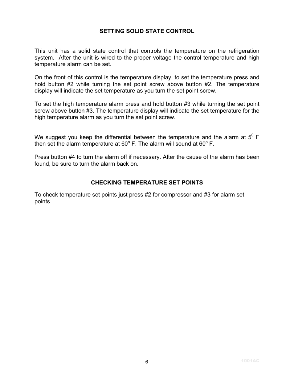 Setting solid state control, Checking temperature set points | Schreiber Chillers 1250ACsf User Manual | Page 7 / 30