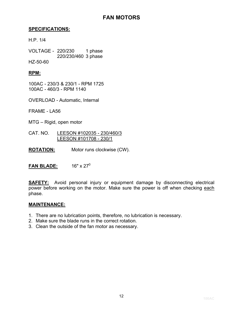 Fan motors | Schreiber Chillers 100ACsf User Manual | Page 14 / 32