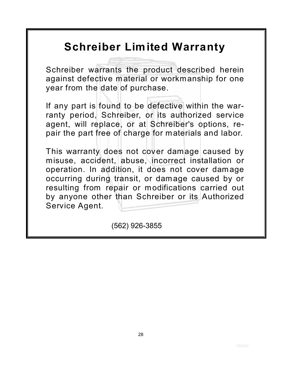 Schreiber lim ited warranty | Schreiber Chillers 100ACsf User Manual | Page 30 / 32