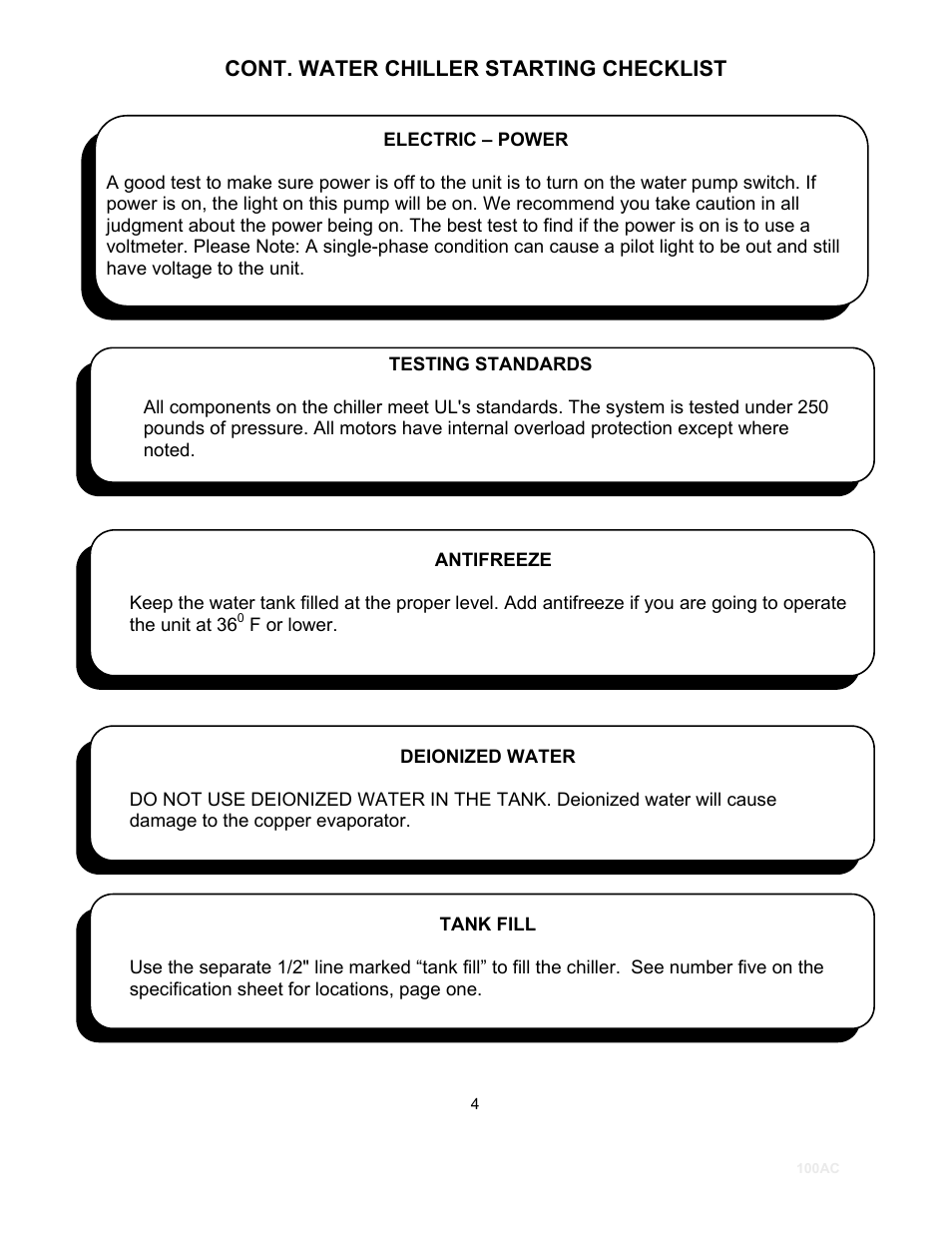 Cont. water chiller starting checklist | Schreiber Chillers 100ACsf User Manual | Page 6 / 32