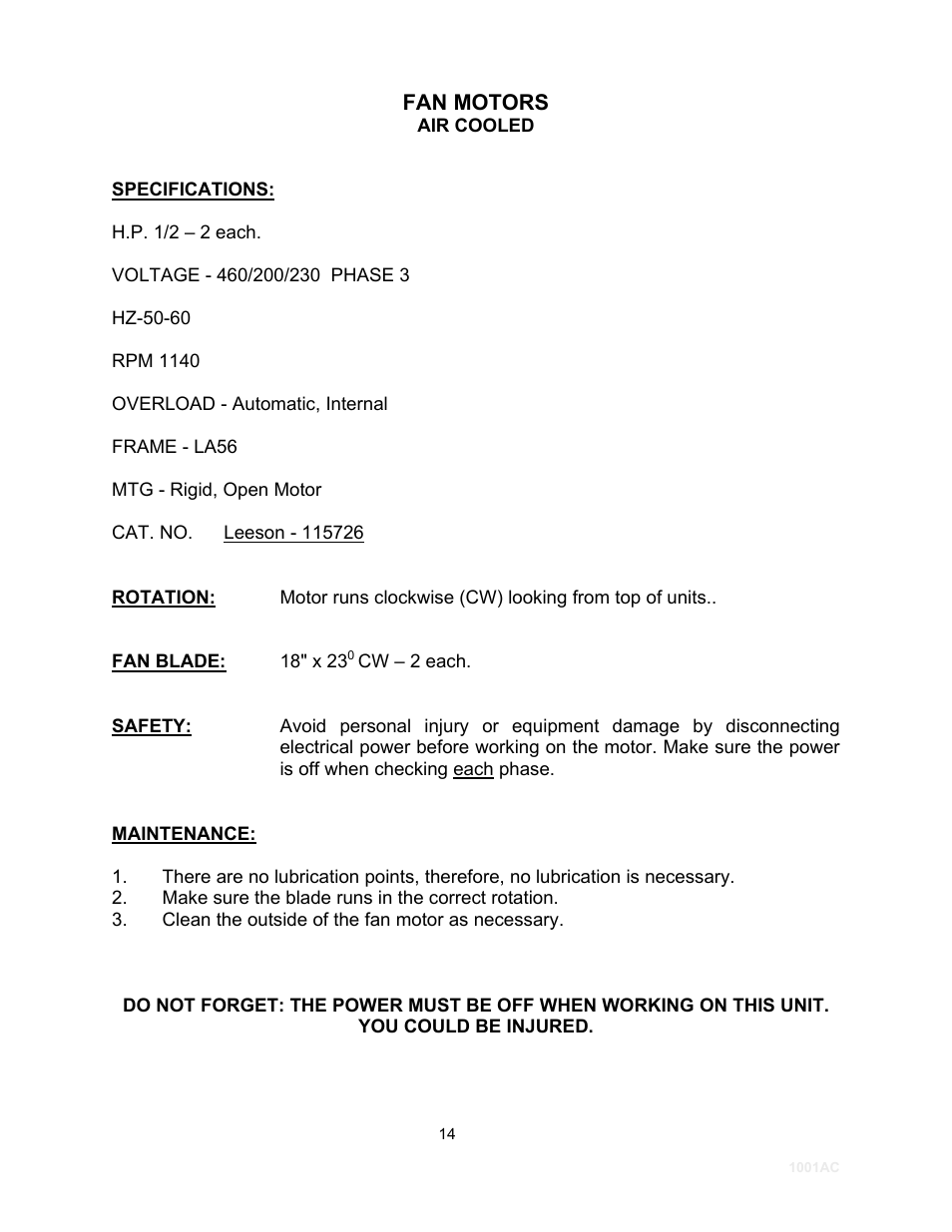 Fan motors | Schreiber Chillers 1001acsfod User Manual | Page 16 / 31