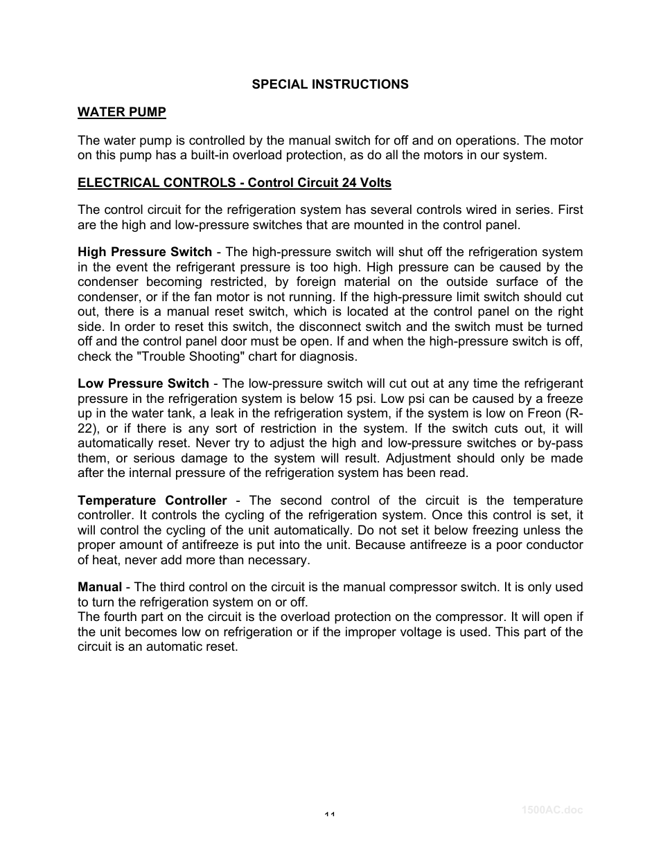 Special instructions, Water pump | Schreiber Chillers 1500ACsf User Manual | Page 12 / 31