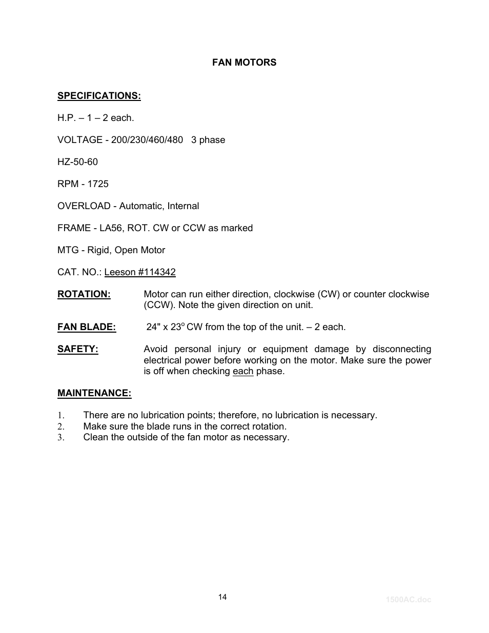 Fan motors | Schreiber Chillers 1500ACsf User Manual | Page 15 / 31