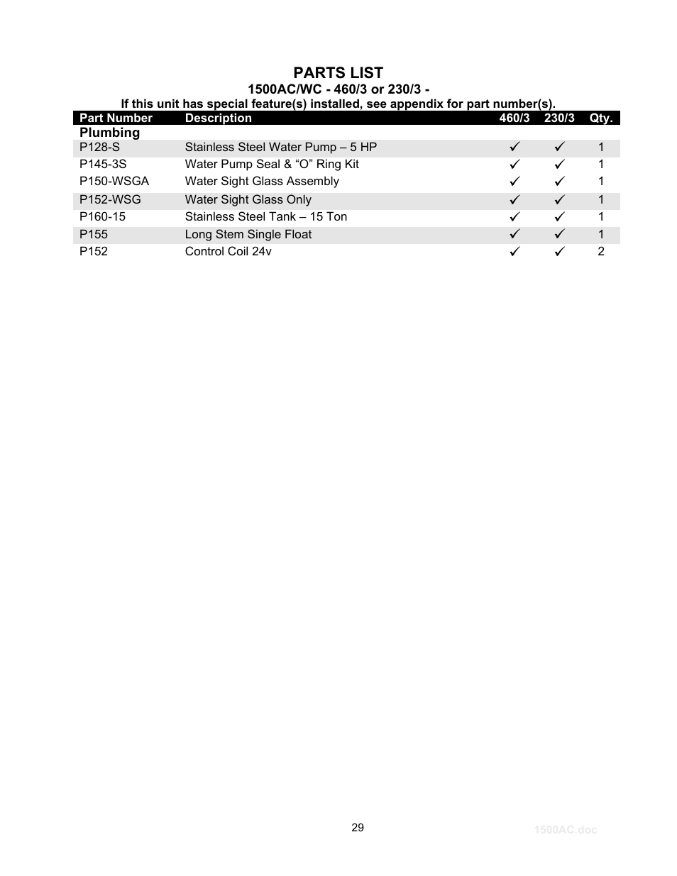 Parts list, Plumbing | Schreiber Chillers 1500ACsf User Manual | Page 30 / 31