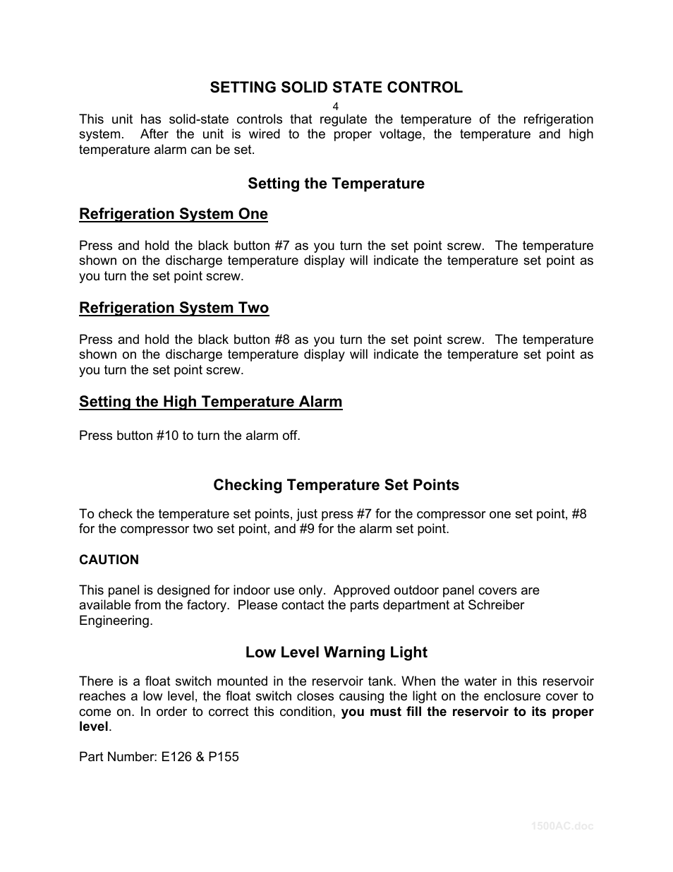 Setting solid state control, Setting the temperature, Refrigeration system one | Refrigeration system two, Checking temperature set points, Low level warning light | Schreiber Chillers 1500ACsf User Manual | Page 7 / 31