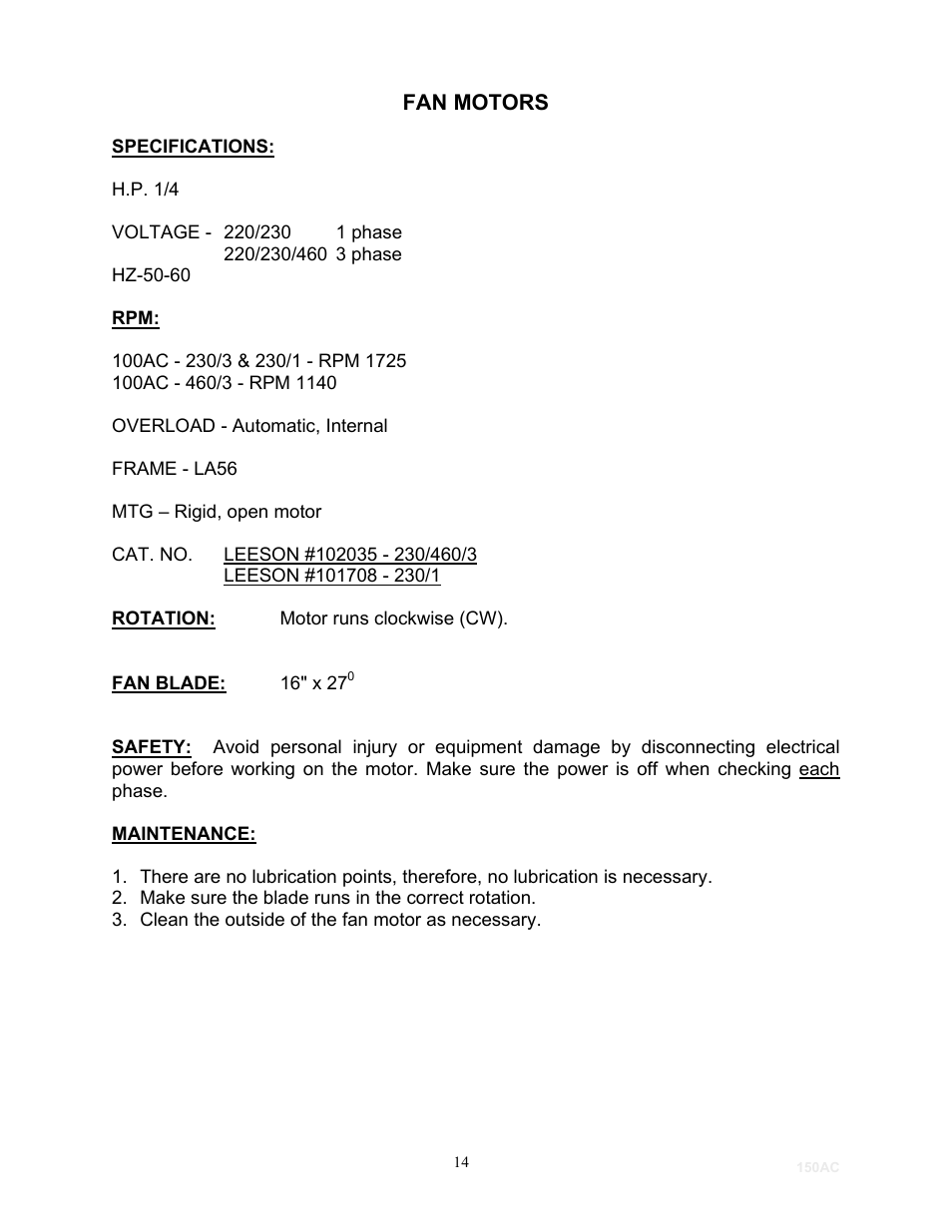 Fan motors | Schreiber Chillers 150AC laser User Manual | Page 16 / 34