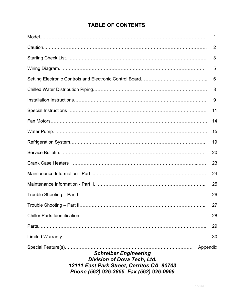12111 east park street, cerritos ca 90703 | Schreiber Chillers 150AC laser User Manual | Page 2 / 34