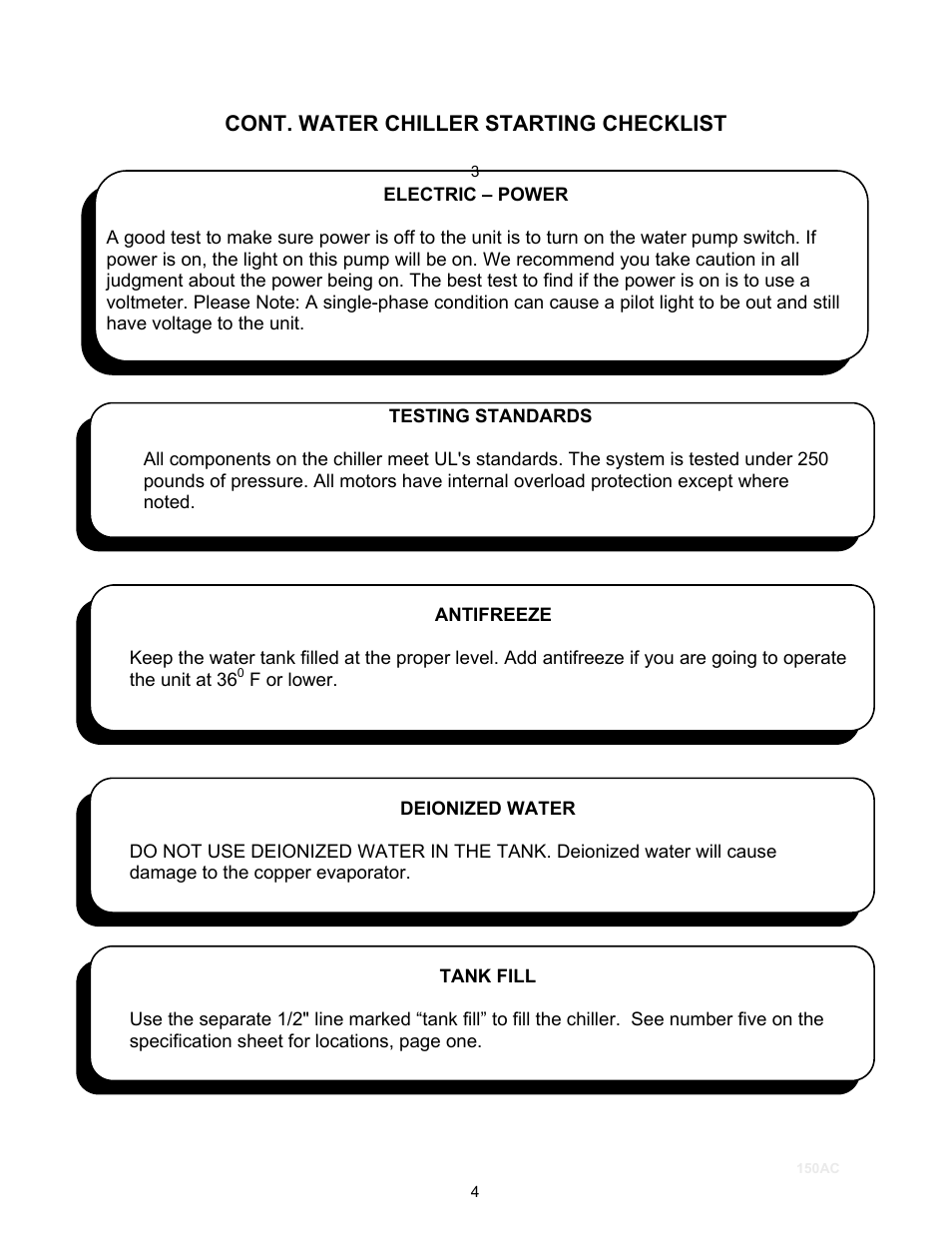 Cont. water chiller starting checklist | Schreiber Chillers 150AC laser User Manual | Page 6 / 34