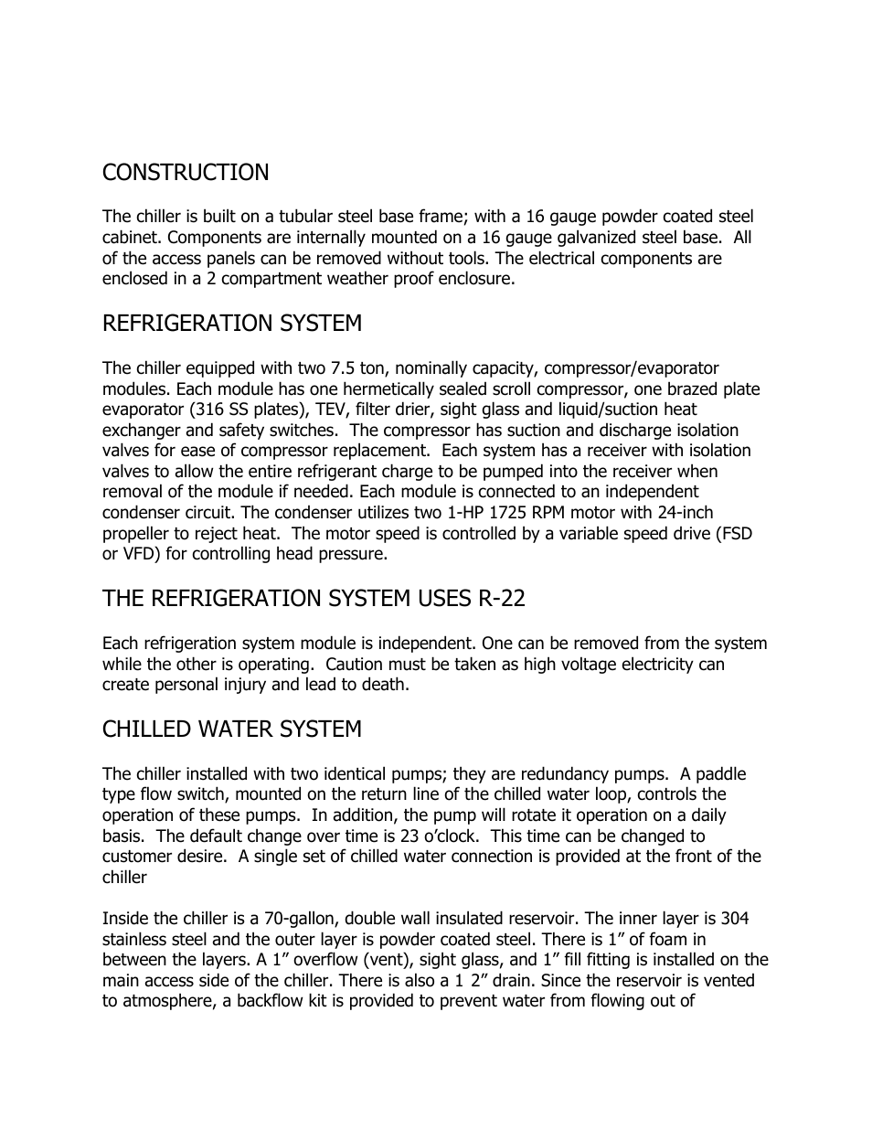 Product features, Construction, Refrigeration system | The refrigeration system uses r-22, Chilled water system | Schreiber Chillers 15MEDAC_GEN2 User Manual | Page 13 / 77