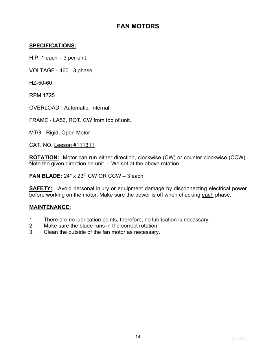 Fan motors | Schreiber Chillers 2500modify User Manual | Page 14 / 19