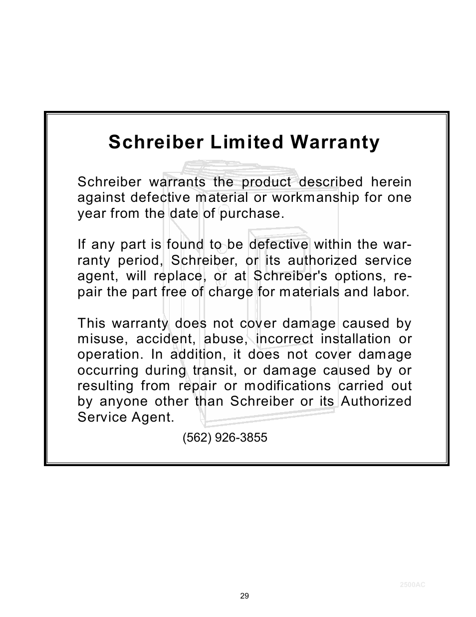 Schreiber limited warranty | Schreiber Chillers 2500ACsf User Manual | Page 31 / 31