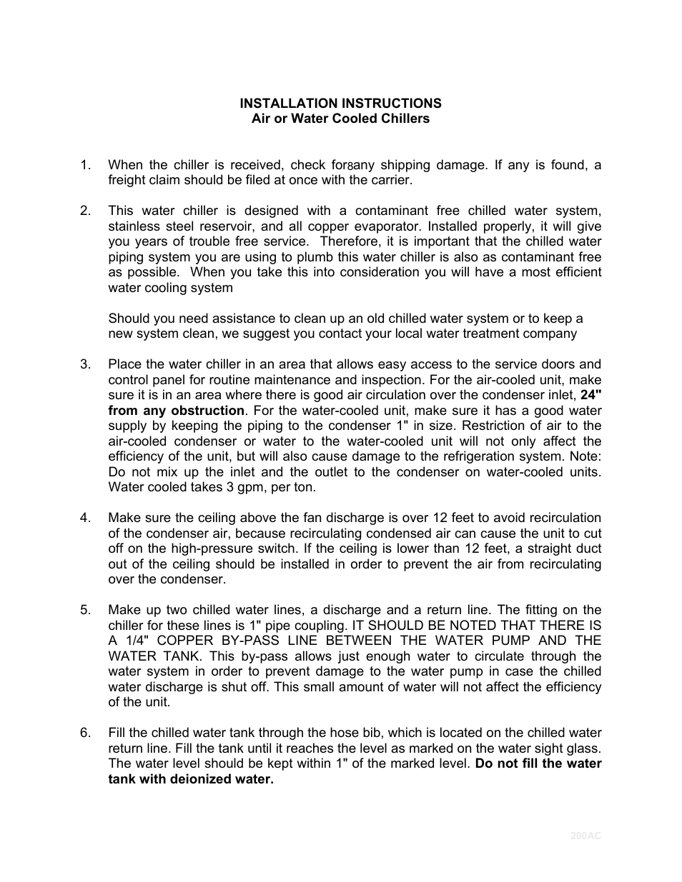 Installation instructions, Air or water cooled chillers | Schreiber Chillers 200ACsf User Manual | Page 10 / 31