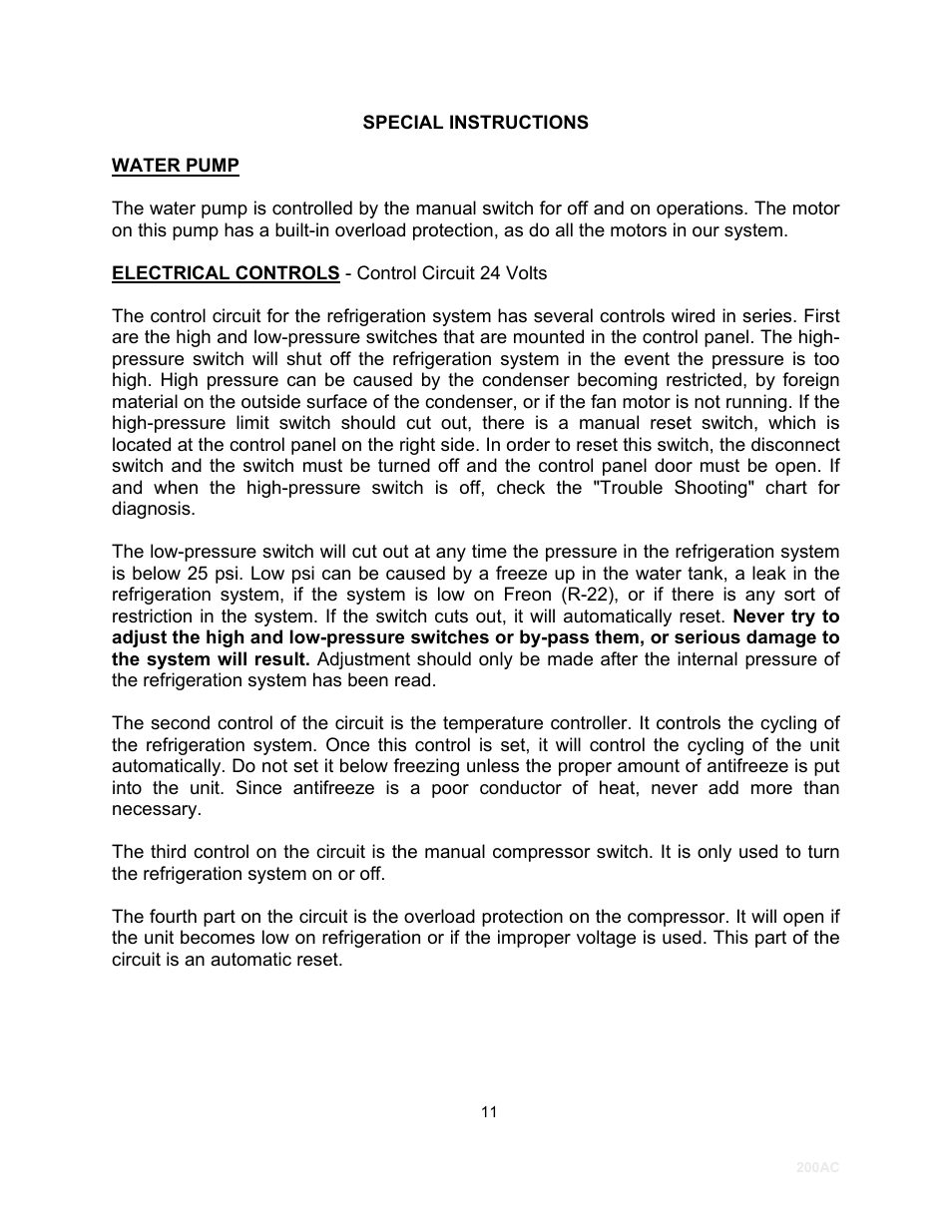 Special instructions, Water pump | Schreiber Chillers 200ACsf User Manual | Page 12 / 31