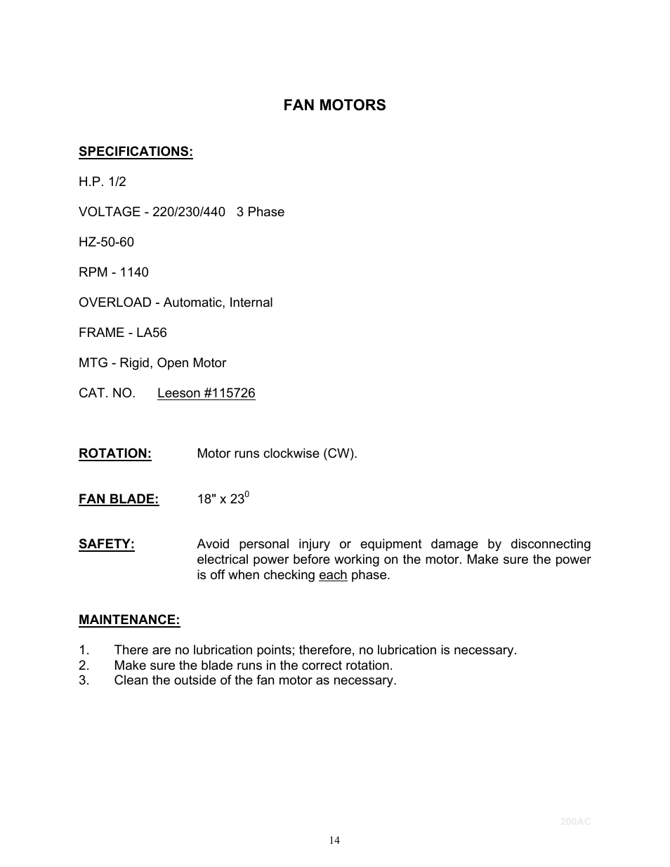 Fan motors, H.p. 1/2 | Schreiber Chillers 200ACsf User Manual | Page 15 / 31