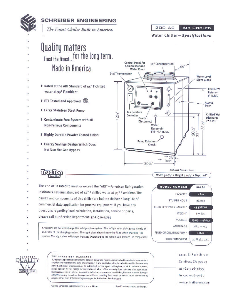 Schreiber Chillers 200ACsf User Manual | Page 2 / 31