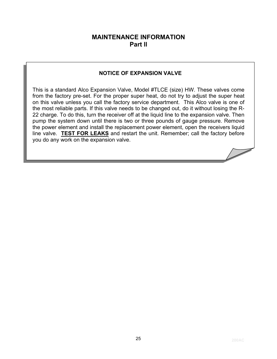 Maintenance information, Part ll, Maintenance information part ll | Schreiber Chillers 200ACsf User Manual | Page 26 / 31