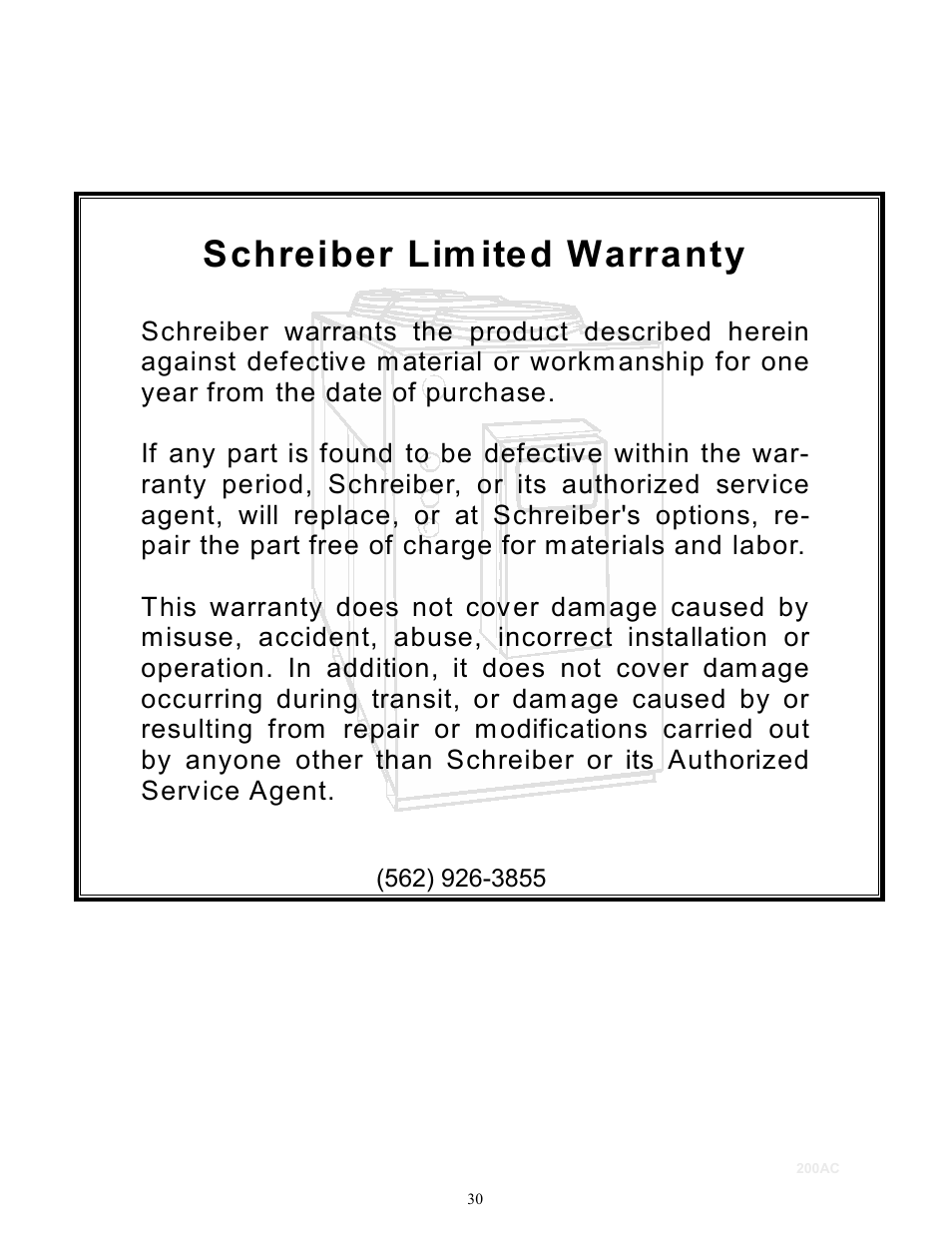Schreiber lim ited warranty | Schreiber Chillers 200ACsf User Manual | Page 31 / 31