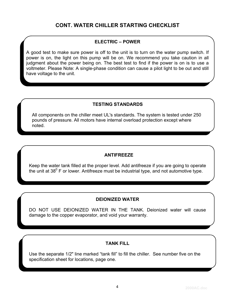 Cont. water chiller starting checklist | Schreiber Chillers 2000ACsfmodify User Manual | Page 5 / 20