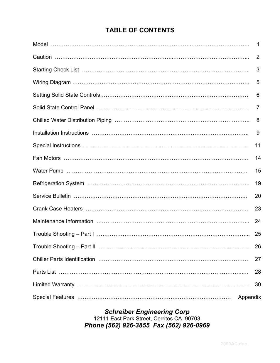 Schreiber Chillers 2000ACsf User Manual | 31 pages