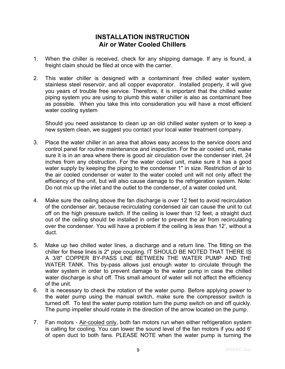 Installation instruction | Schreiber Chillers 2000ACsf User Manual | Page 10 / 31