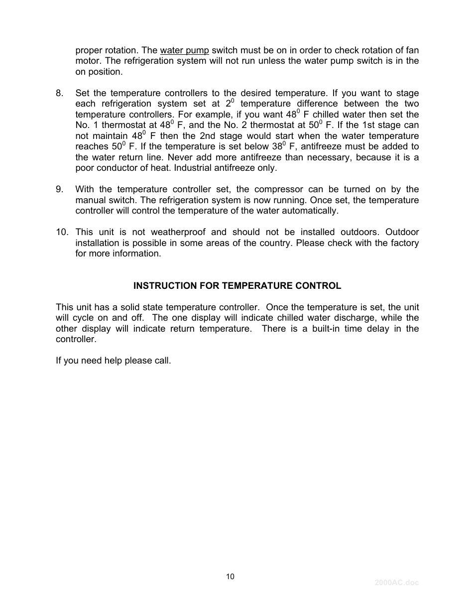 Instruction for temperature control | Schreiber Chillers 2000ACsf User Manual | Page 11 / 31