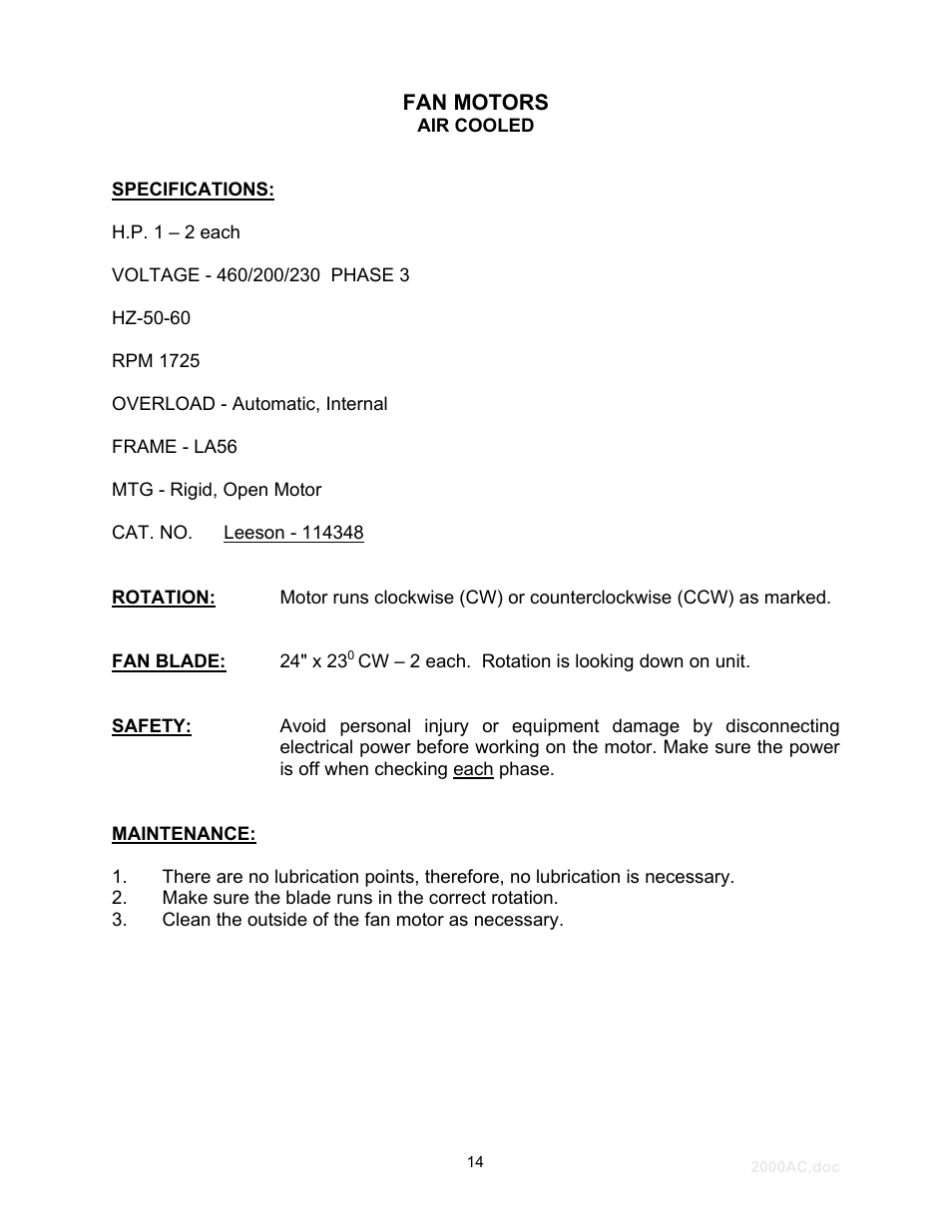 Fan motors | Schreiber Chillers 2000ACsf User Manual | Page 15 / 31