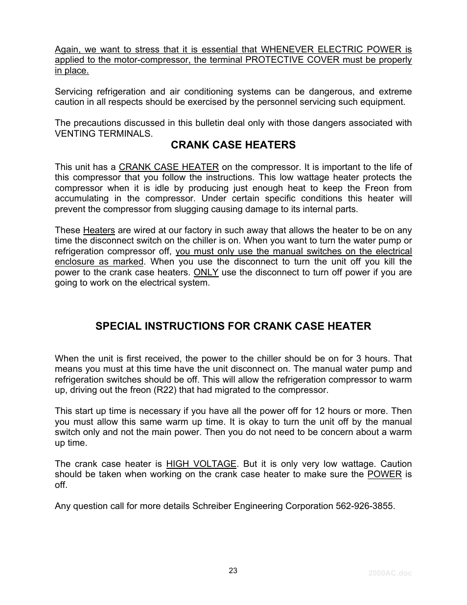 Crank case heaters | Schreiber Chillers 2000ACsf User Manual | Page 24 / 31
