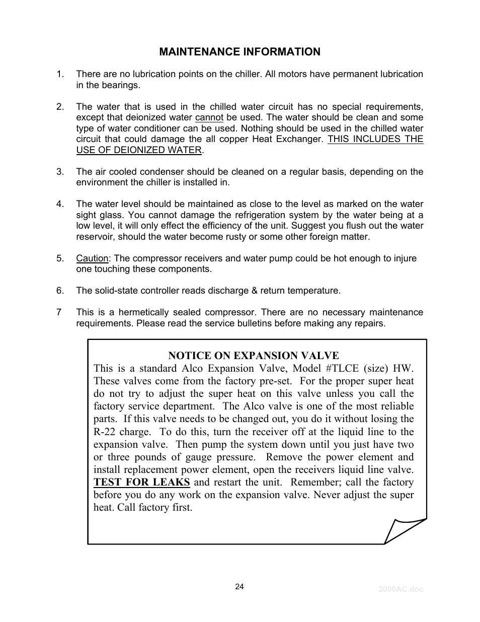 Maintenance information | Schreiber Chillers 2000ACsf User Manual | Page 25 / 31