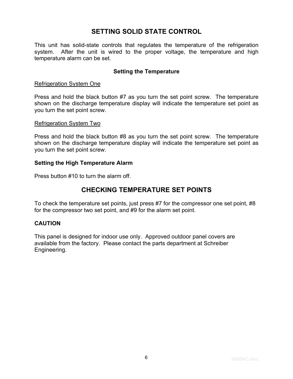 Setting solid state control, Setting the temperature, Refrigeration system one | Refrigeration system two, Checking temperature set points | Schreiber Chillers 2000ACsf User Manual | Page 7 / 31