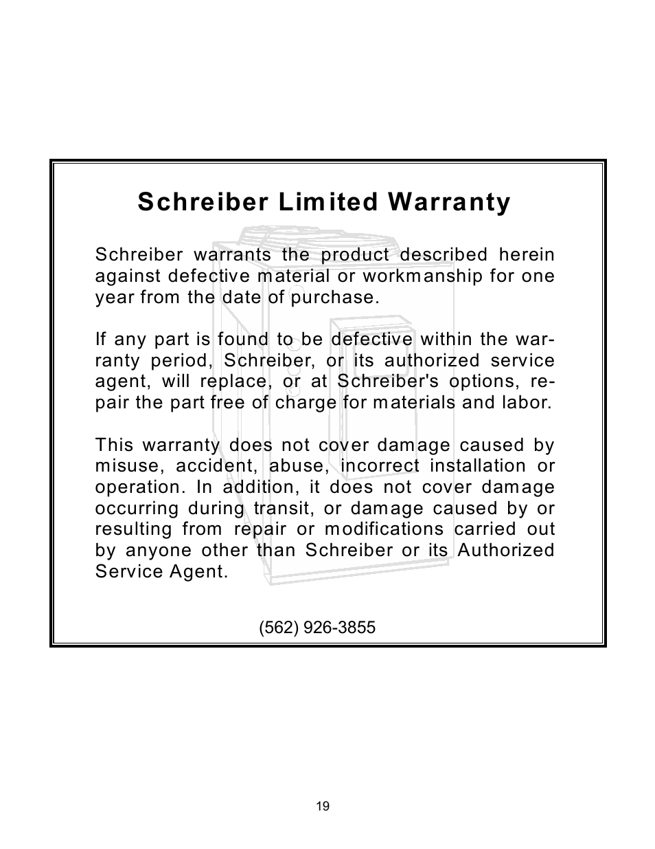 Schreiber lim ited warranty | Schreiber Chillers 30AC User Manual | Page 18 / 18