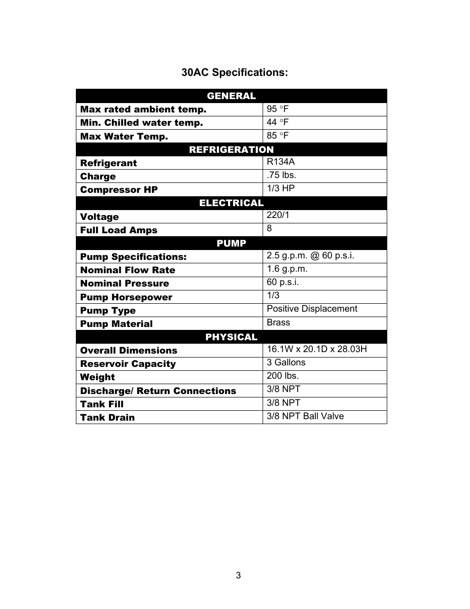 30ac specifications | Schreiber Chillers 30AC User Manual | Page 3 / 18