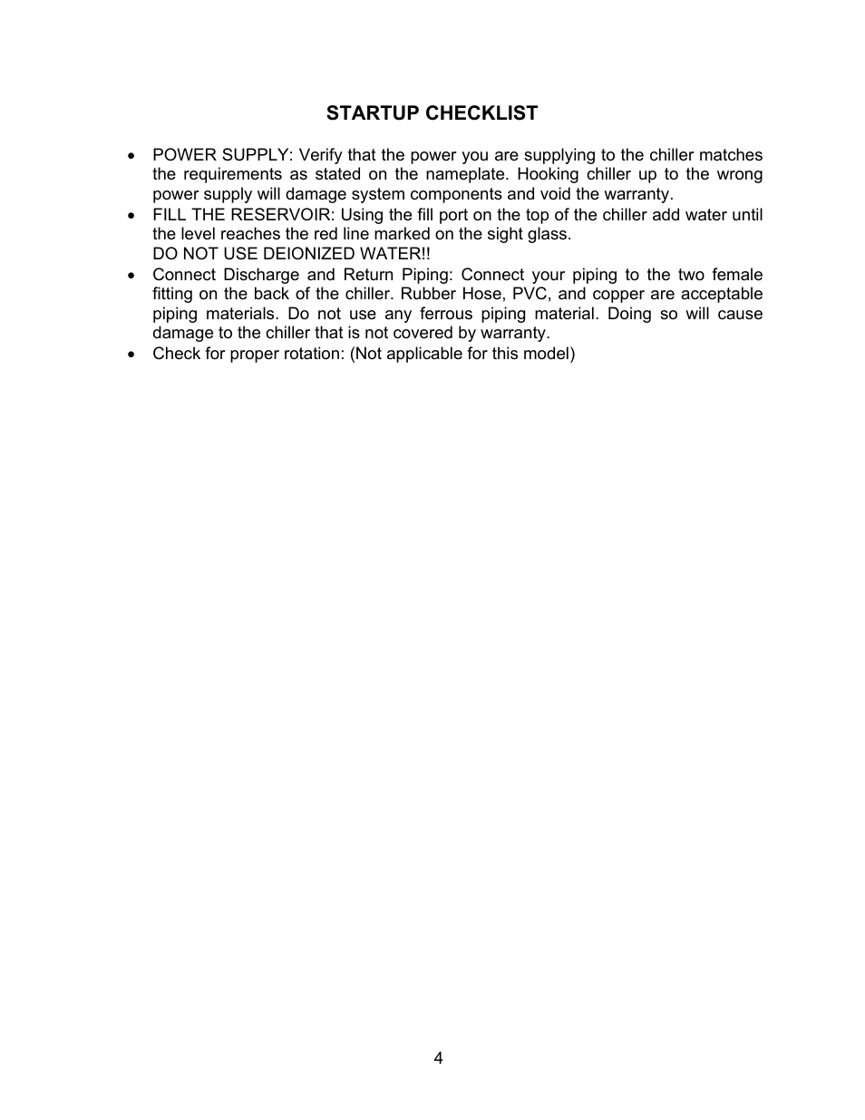 Startup checklist | Schreiber Chillers 30AC User Manual | Page 4 / 18