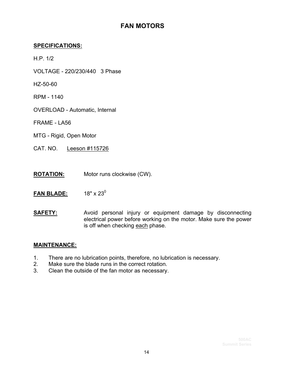 Fan motors | Schreiber Chillers 500ACsf User Manual | Page 16 / 33